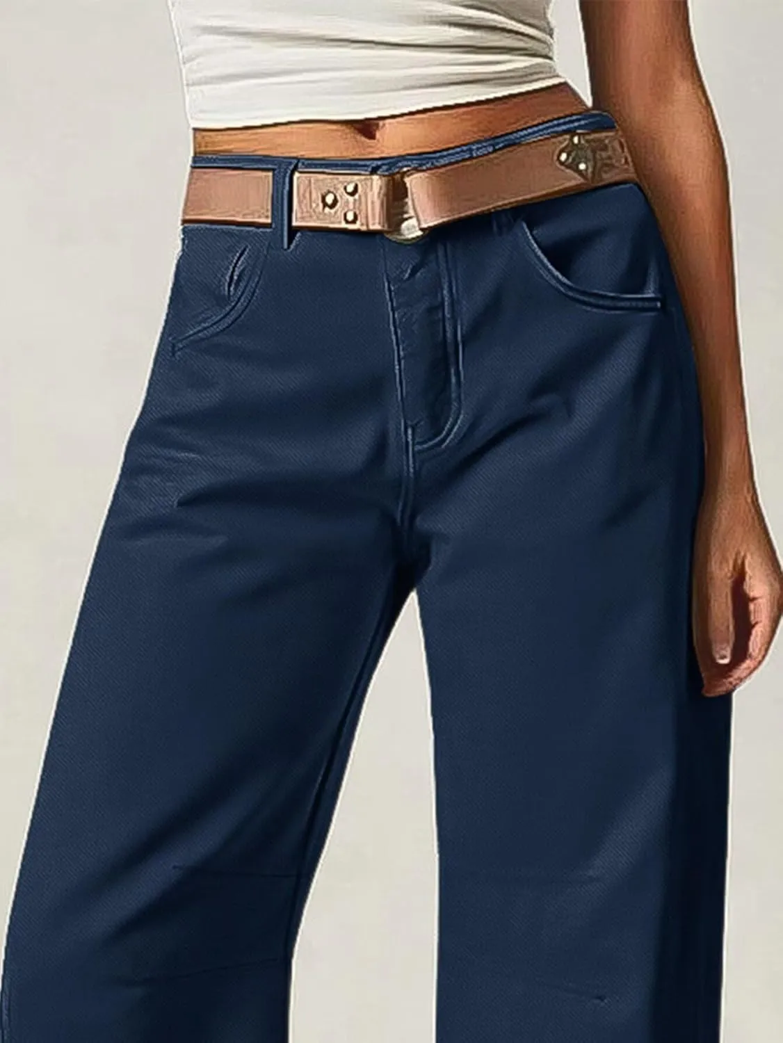 Flamingals Womens Mid Waist Crop Straight Leg Jeans with Solid Stitch Detail Casual Fashion Trendy Denim Pants