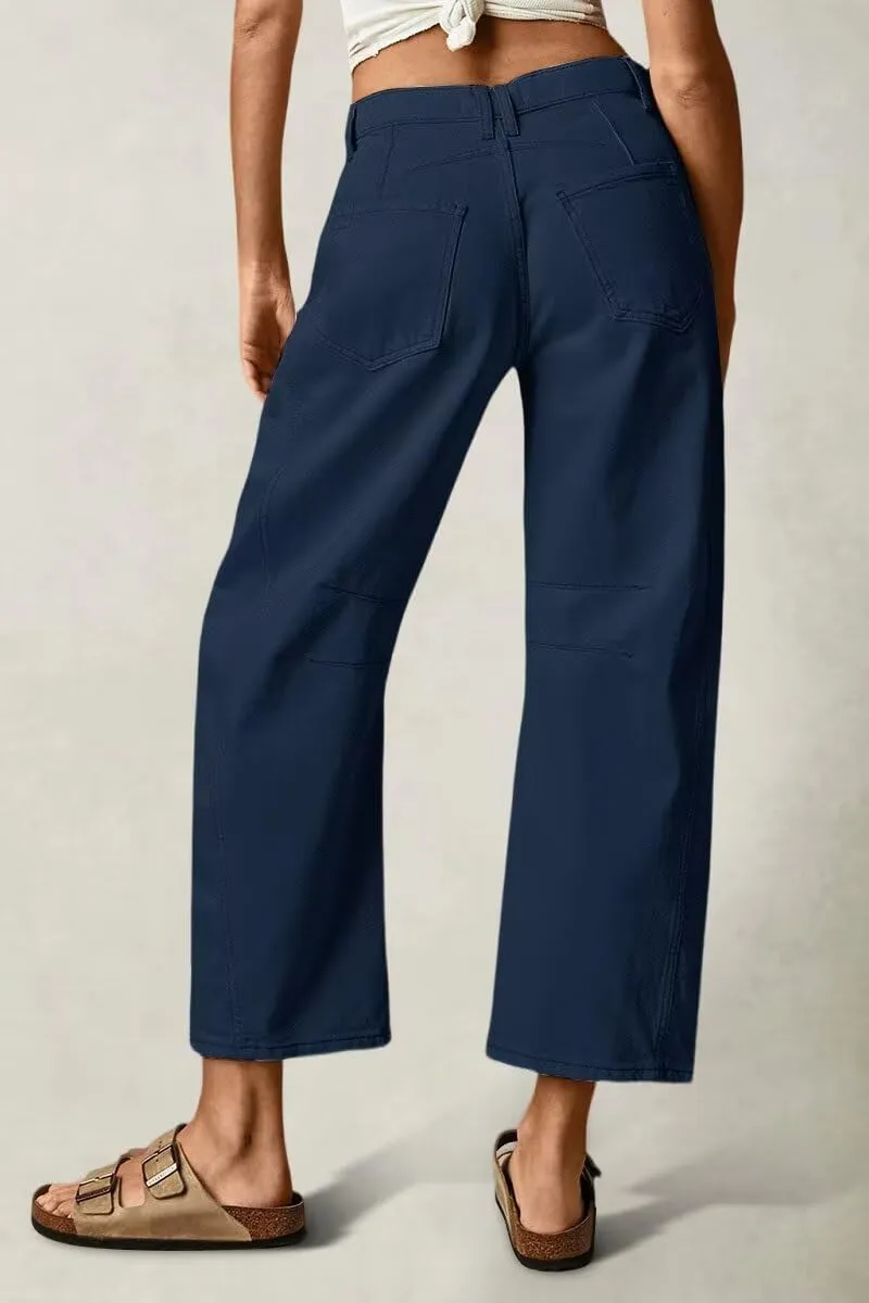 Flamingals Womens Mid Waist Crop Straight Leg Jeans with Solid Stitch Detail Casual Fashion Trendy Denim Pants