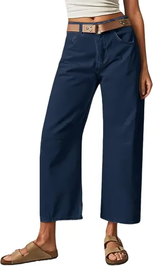 Flamingals Womens Mid Waist Crop Straight Leg Jeans with Solid Stitch Detail Casual Fashion Trendy Denim Pants