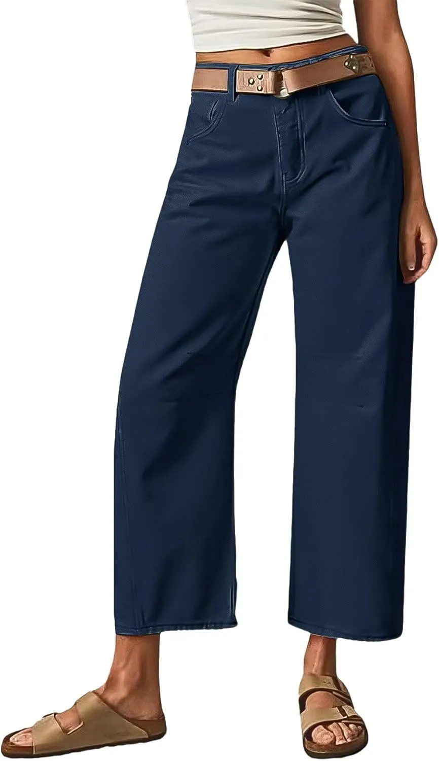 Flamingals Womens Mid Waist Crop Straight Leg Jeans with Solid Stitch Detail Casual Fashion Trendy Denim Pants
