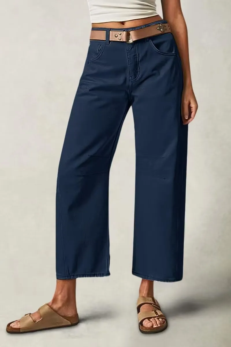 Flamingals Womens Mid Waist Crop Straight Leg Jeans with Solid Stitch Detail Casual Fashion Trendy Denim Pants