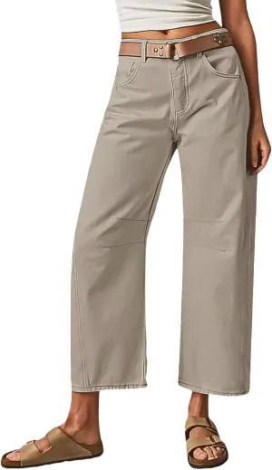 Flamingals Womens Mid Waist Crop Straight Leg Jeans with Solid Stitch Detail Casual Fashion Trendy Denim Pants