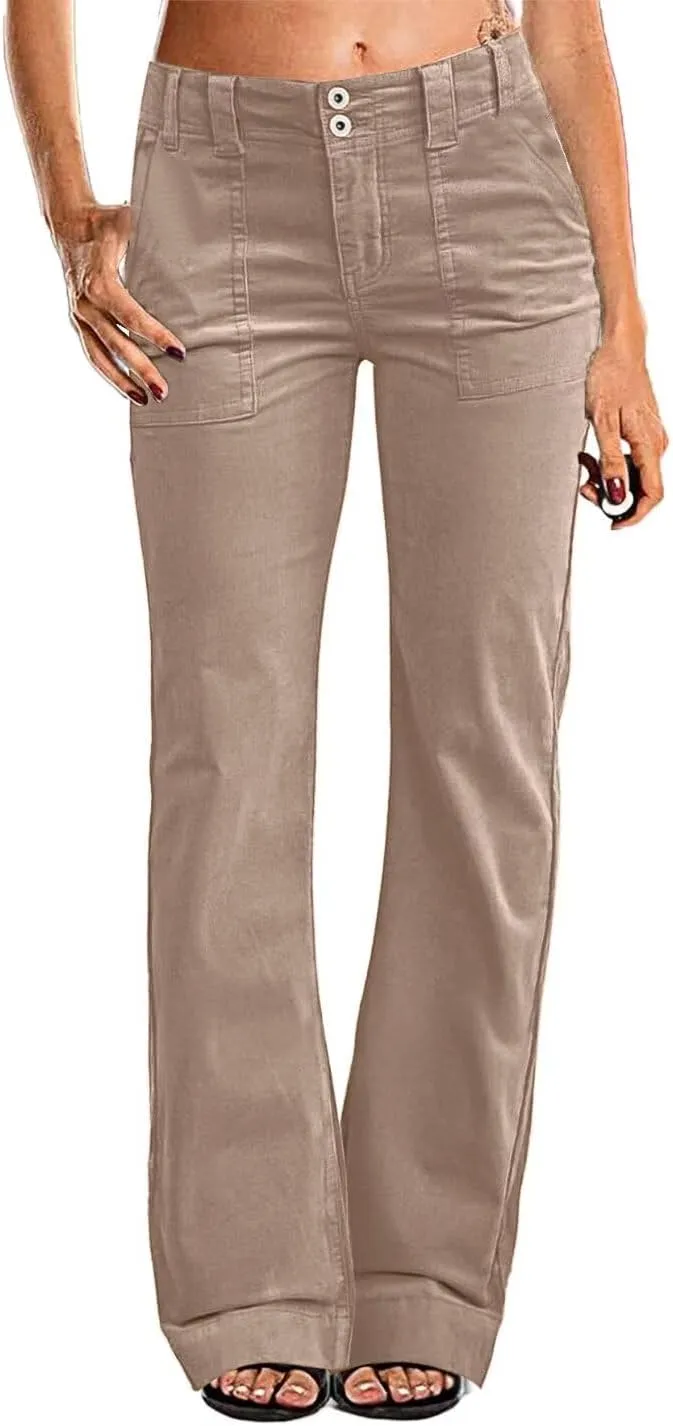 Flamingals Women's Wide Leg Pants for Women Mid Waist Dress Flare Straight Leg Corduroy Pants Workout Jeans Trendy