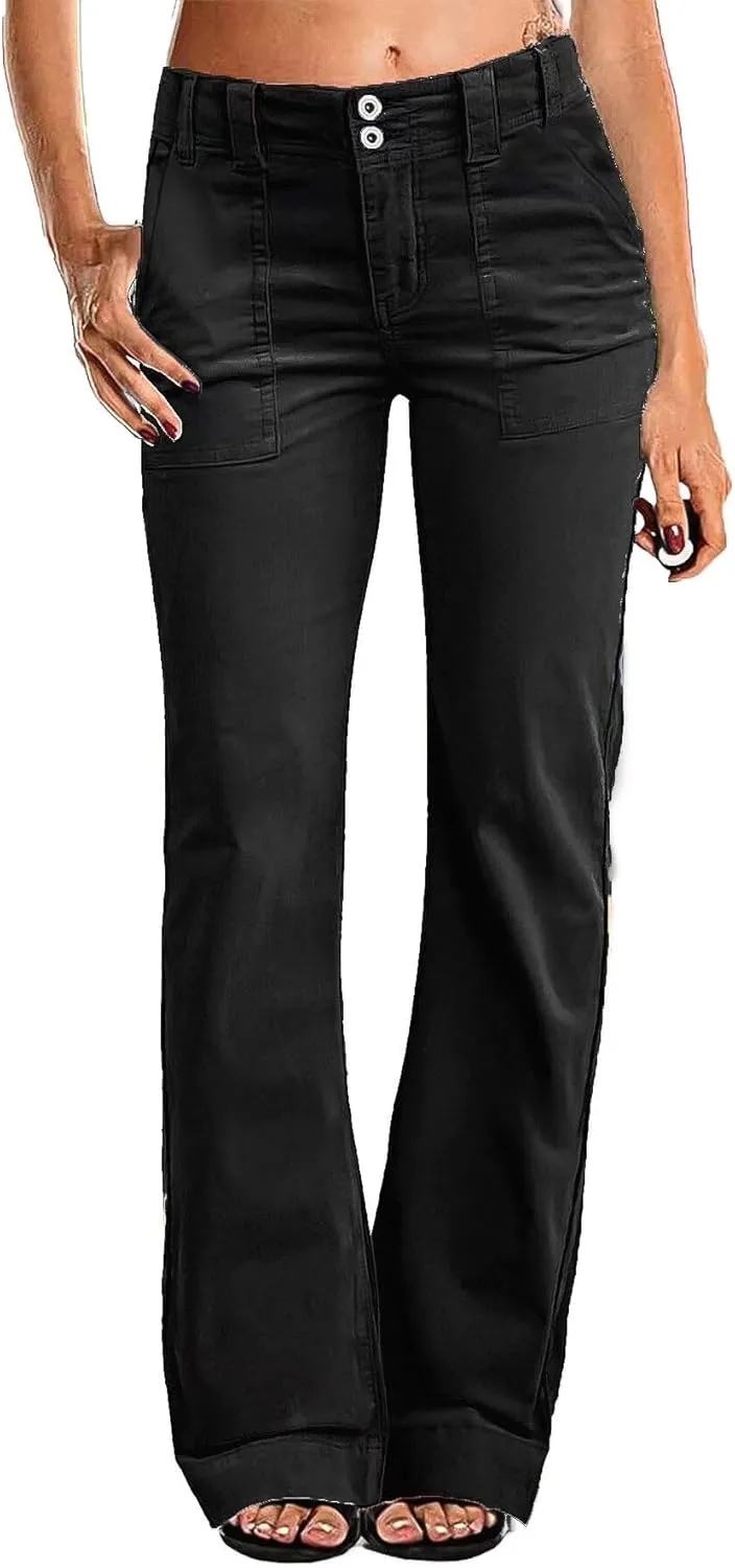 Flamingals Women's Wide Leg Pants for Women Mid Waist Dress Flare Straight Leg Corduroy Pants Workout Jeans Trendy