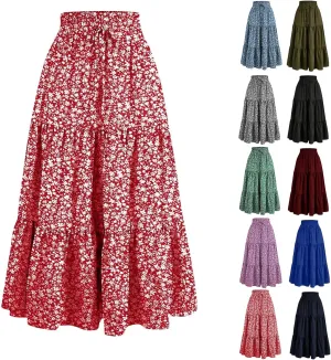 Floral Skirts for Women High Waist Tiered A Line Skirt Drawstring Waist Maxi Long Skirt Flowy Beach Pleated Skirts