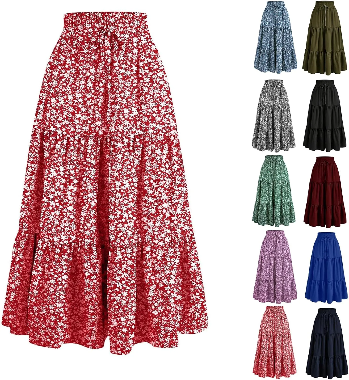 Floral Skirts for Women High Waist Tiered A Line Skirt Drawstring Waist Maxi Long Skirt Flowy Beach Pleated Skirts