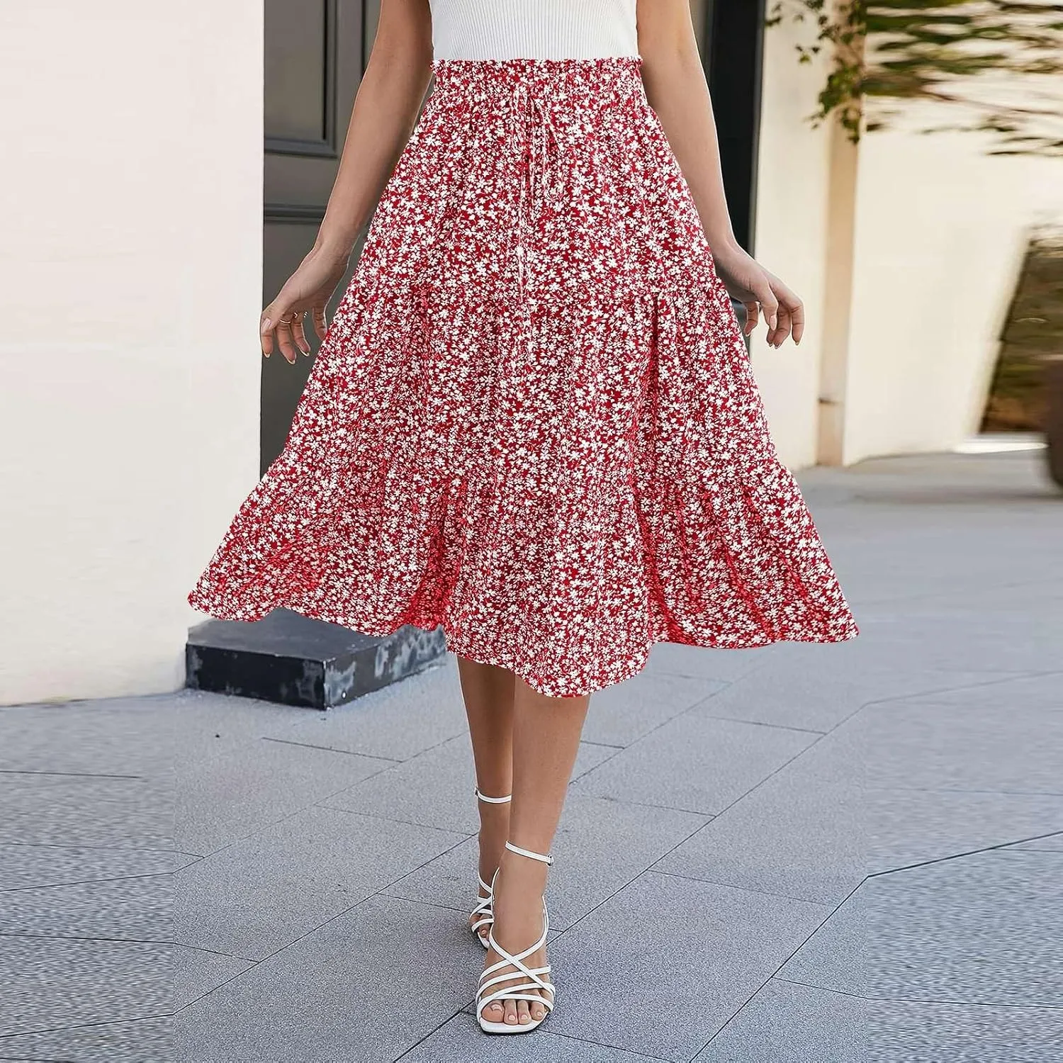 Floral Skirts for Women High Waist Tiered A Line Skirt Drawstring Waist Maxi Long Skirt Flowy Beach Pleated Skirts