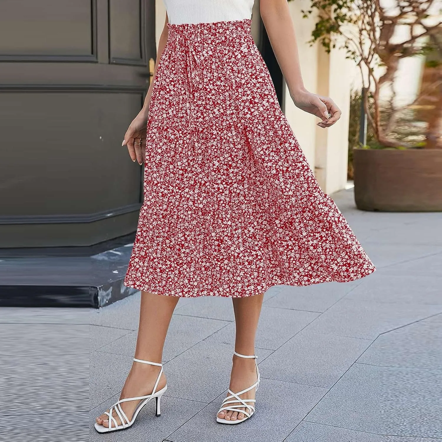 Floral Skirts for Women High Waist Tiered A Line Skirt Drawstring Waist Maxi Long Skirt Flowy Beach Pleated Skirts