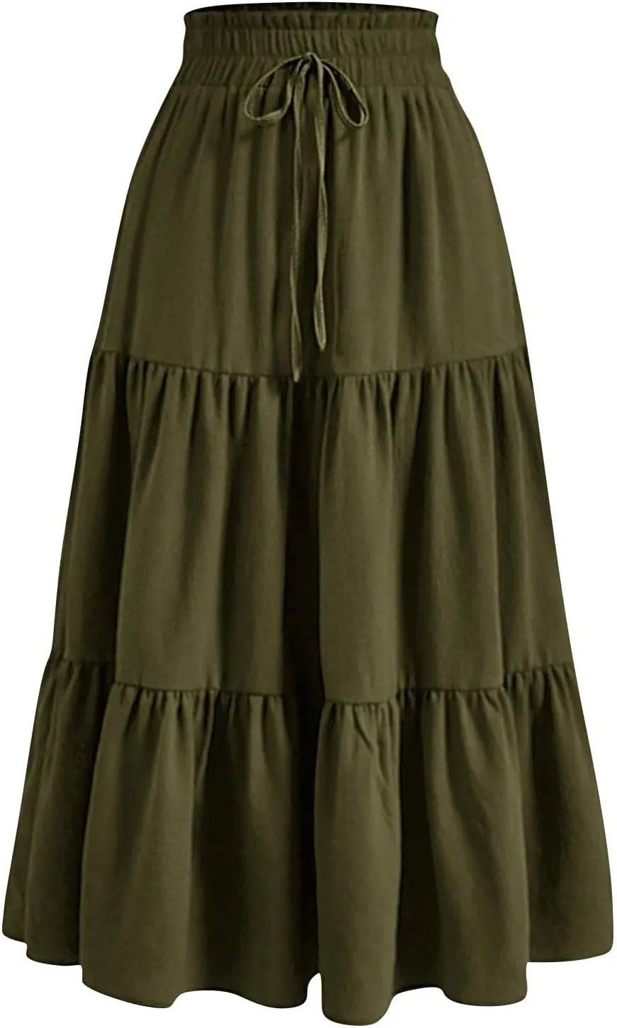 Floral Skirts for Women High Waist Tiered A Line Skirt Drawstring Waist Maxi Long Skirt Flowy Beach Pleated Skirts