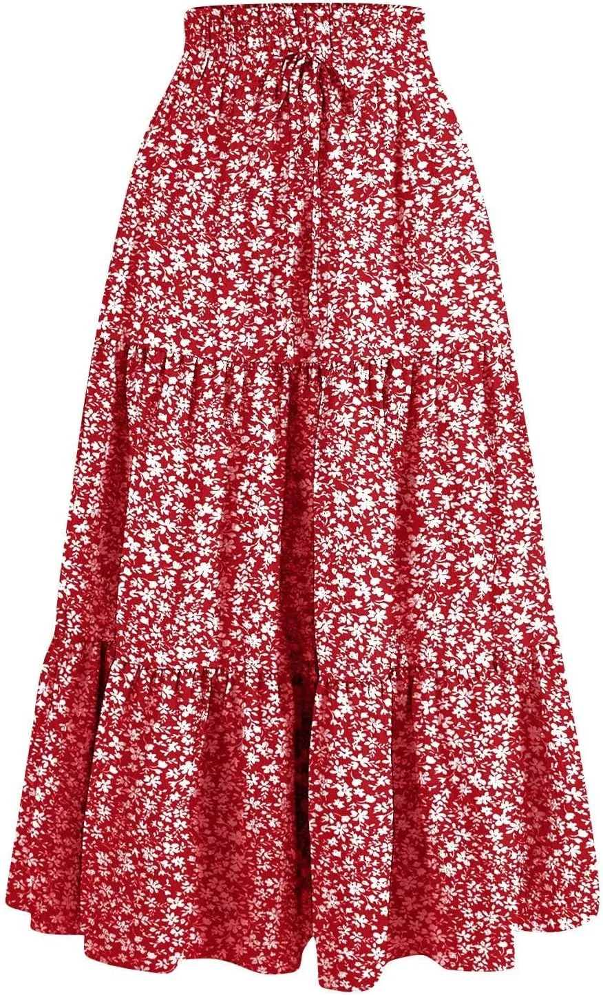 Floral Skirts for Women High Waist Tiered A Line Skirt Drawstring Waist Maxi Long Skirt Flowy Beach Pleated Skirts