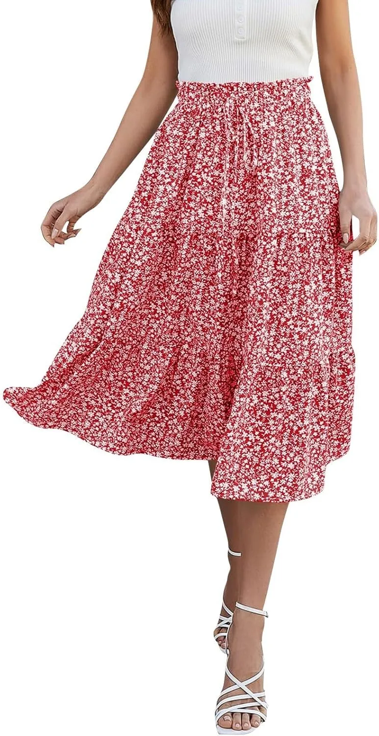 Floral Skirts for Women High Waist Tiered A Line Skirt Drawstring Waist Maxi Long Skirt Flowy Beach Pleated Skirts