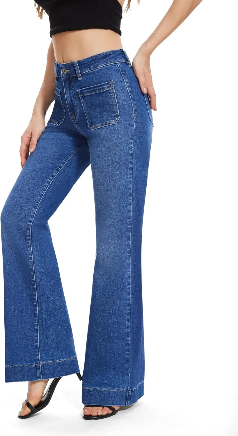 FLYING BANANA Women's Flare High Waisted Bell Bottom Wide Leg Jeans Baggy Stretch Trendy Denim with Pockets