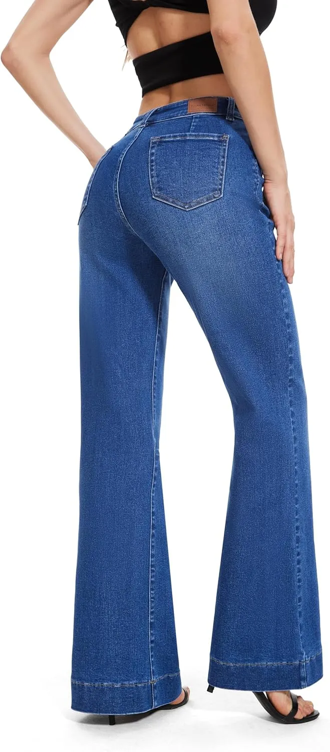 FLYING BANANA Women's Flare High Waisted Bell Bottom Wide Leg Jeans Baggy Stretch Trendy Denim with Pockets