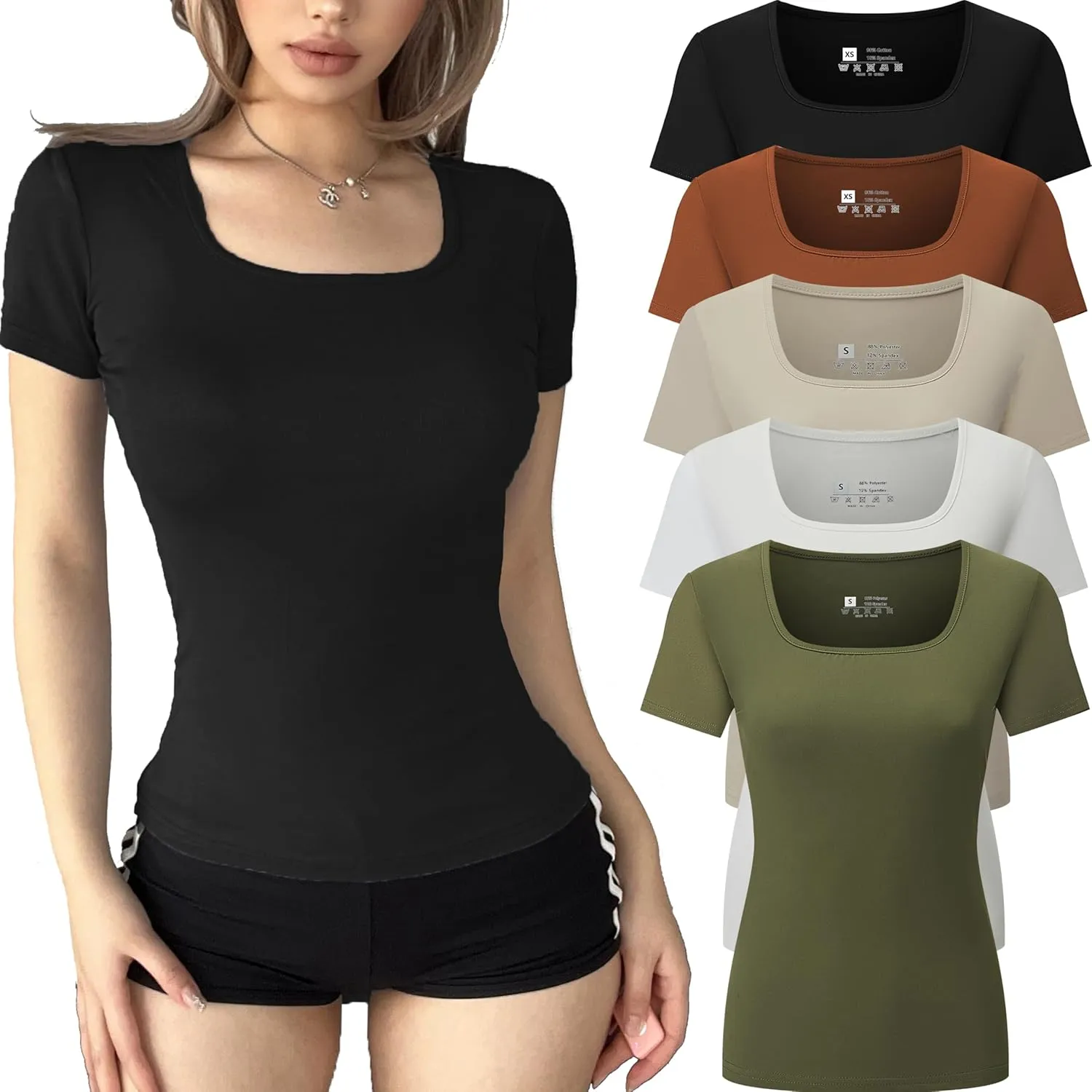 FMNNNN 5 Pack Short Sleeve for Womens Square Neck T Shirts Fashion Casual Basic Tops Tees Summer Outfits Clothes 2025