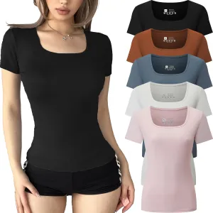 FMNNNN 5 Pack Short Sleeve for Womens Square Neck T Shirts Fashion Casual Basic Tops Tees Summer Outfits Clothes 2025