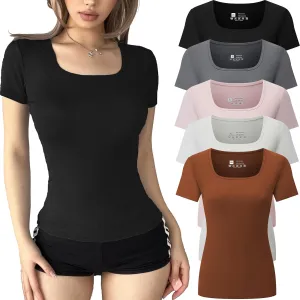 FMNNNN 5 Pack Short Sleeve for Womens Square Neck T Shirts Fashion Casual Basic Tops Tees Summer Outfits Clothes 2025