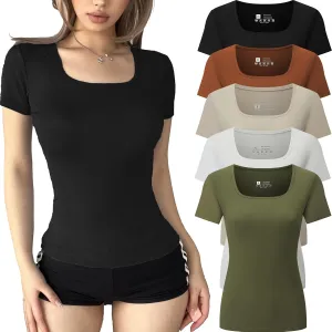 FMNNNN 5 Pack Short Sleeve for Womens Square Neck T Shirts Fashion Casual Basic Tops Tees Summer Outfits Clothes 2025