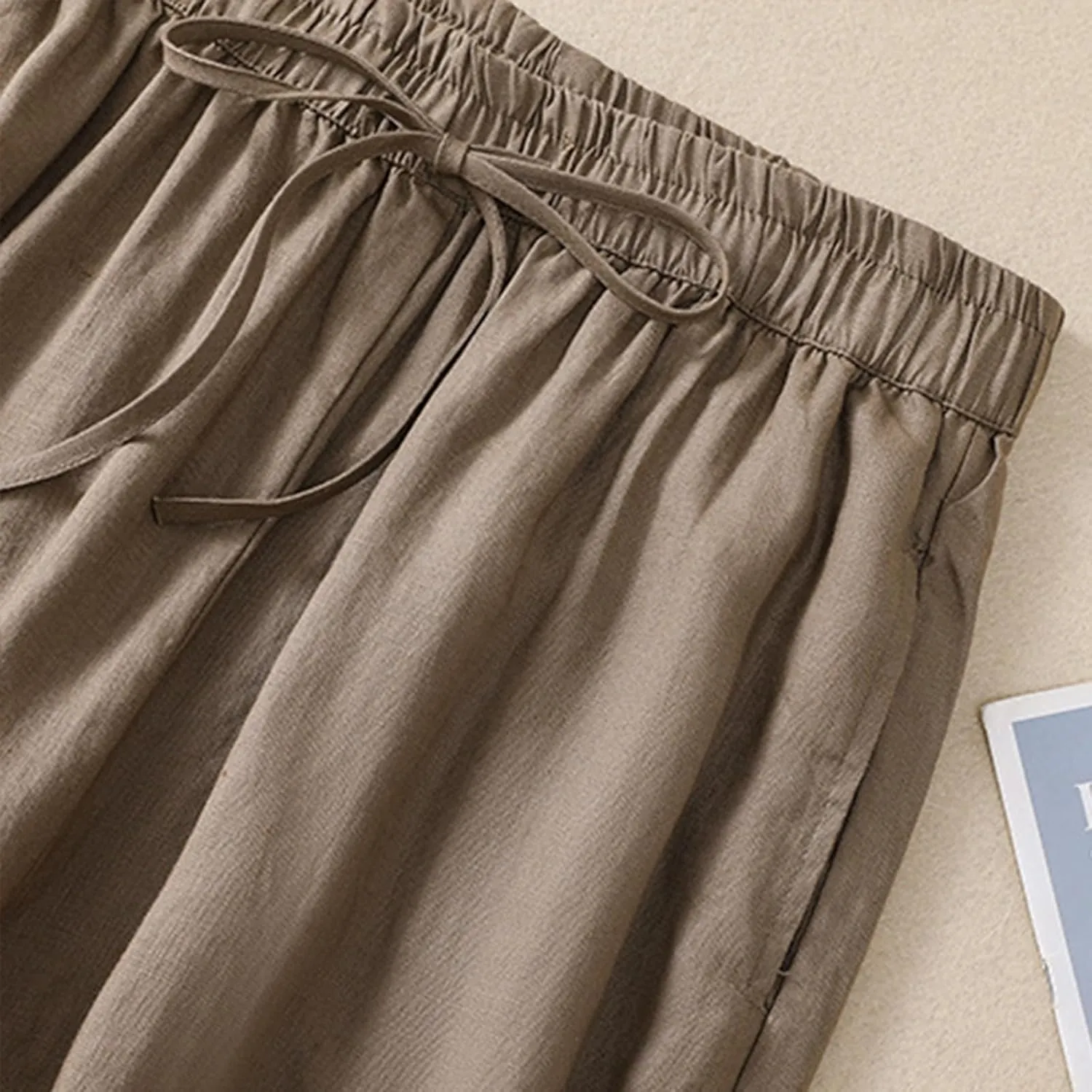FZYLQY Drawstring Linen Pants for Women Elastic Waist Cotton Blend Trousers Loose Fit Button Hem Harem Slacks 2025