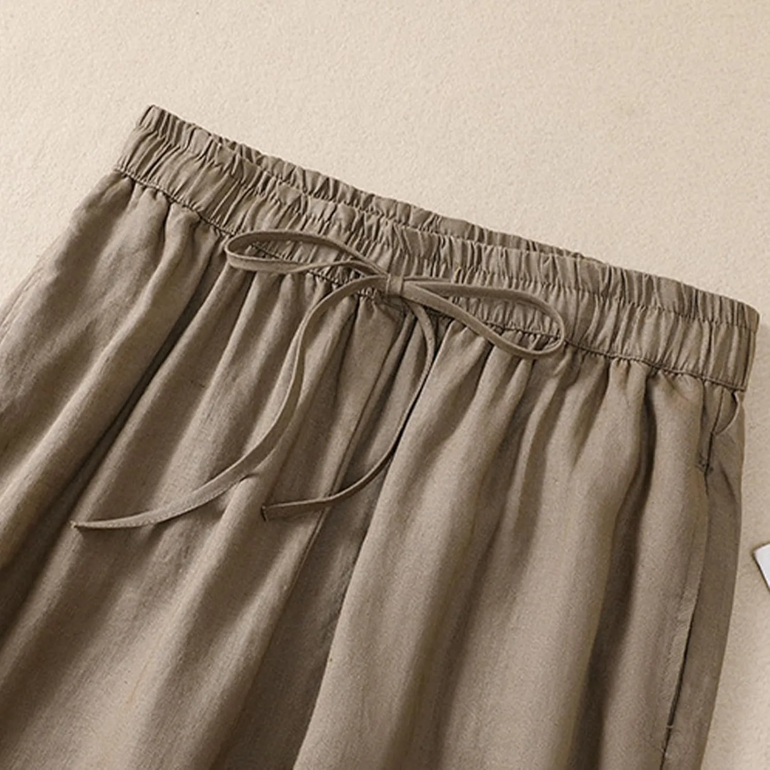 FZYLQY Drawstring Linen Pants for Women Elastic Waist Cotton Blend Trousers Loose Fit Button Hem Harem Slacks 2025