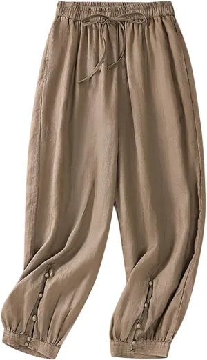 FZYLQY Drawstring Linen Pants for Women Elastic Waist Cotton Blend Trousers Loose Fit Button Hem Harem Slacks 2025
