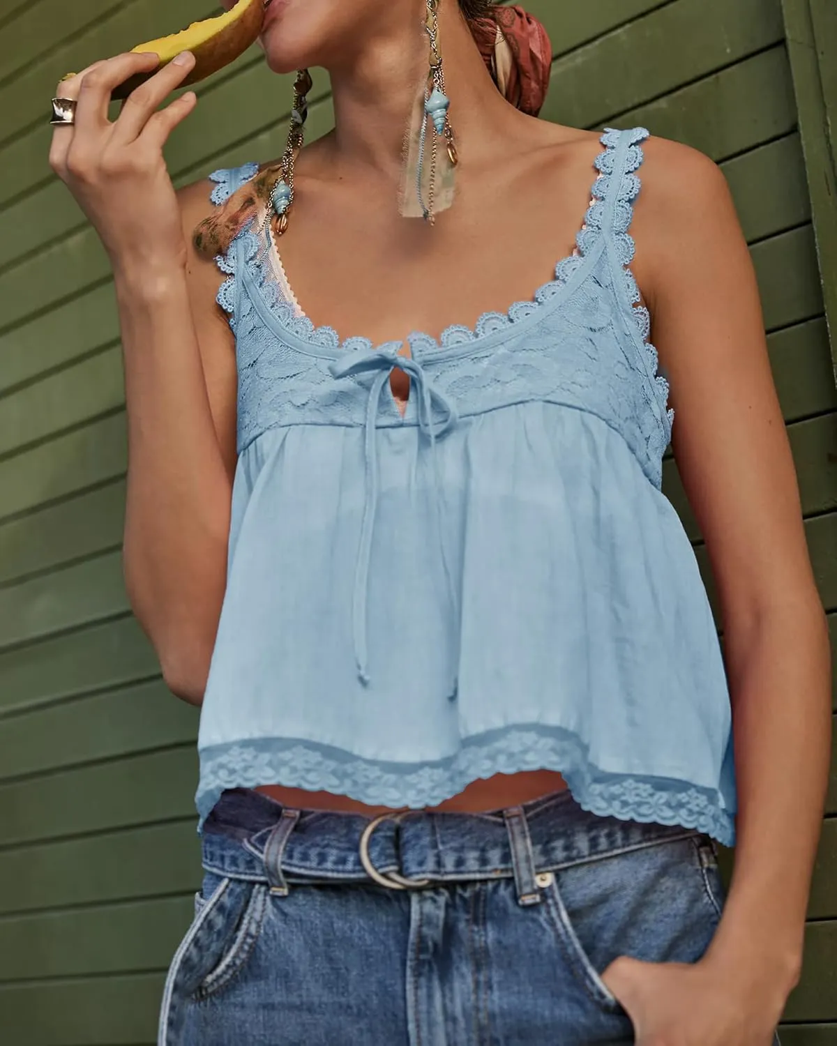 Gacaky Womens Summer Boho Lace Tank Top Casual Beach Vacation Y2k Tops Fashion Crop Tops Clothes 2025
