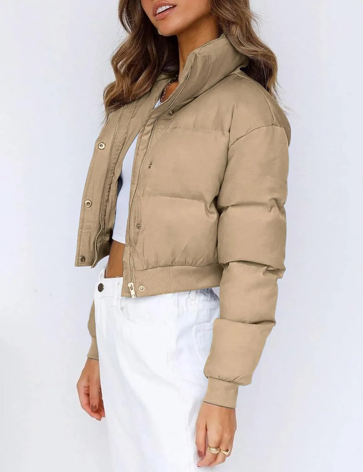 Gihuo Women' s Cropped Puffer Jacket Padded Long Sleeve Bubble Coats Winter Warm Puffy Outerwear