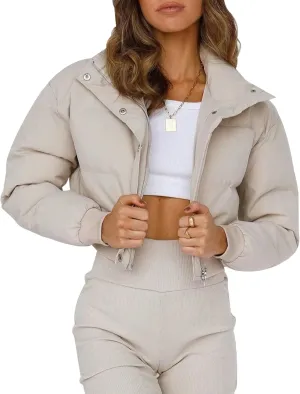 Gihuo Women' s Cropped Puffer Jacket Padded Long Sleeve Bubble Coats Winter Warm Puffy Outerwear