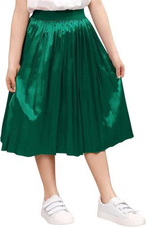 Girls Pleated Midi Skirt Elastic A-line Flared High Waist Swing Metallic Shiny Shimmer 3-12 Years