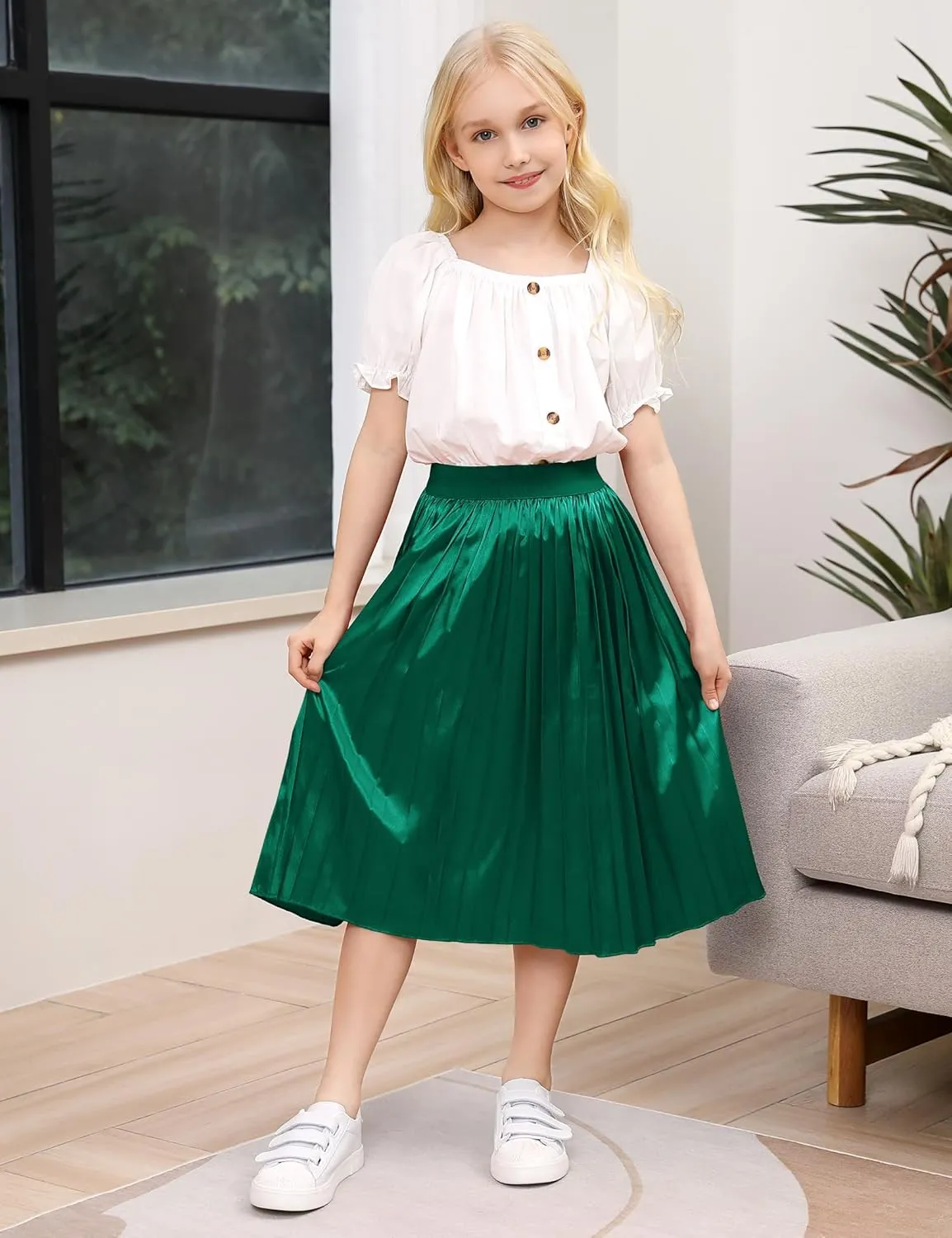 Girls Pleated Midi Skirt Elastic A-line Flared High Waist Swing Metallic Shiny Shimmer 3-12 Years
