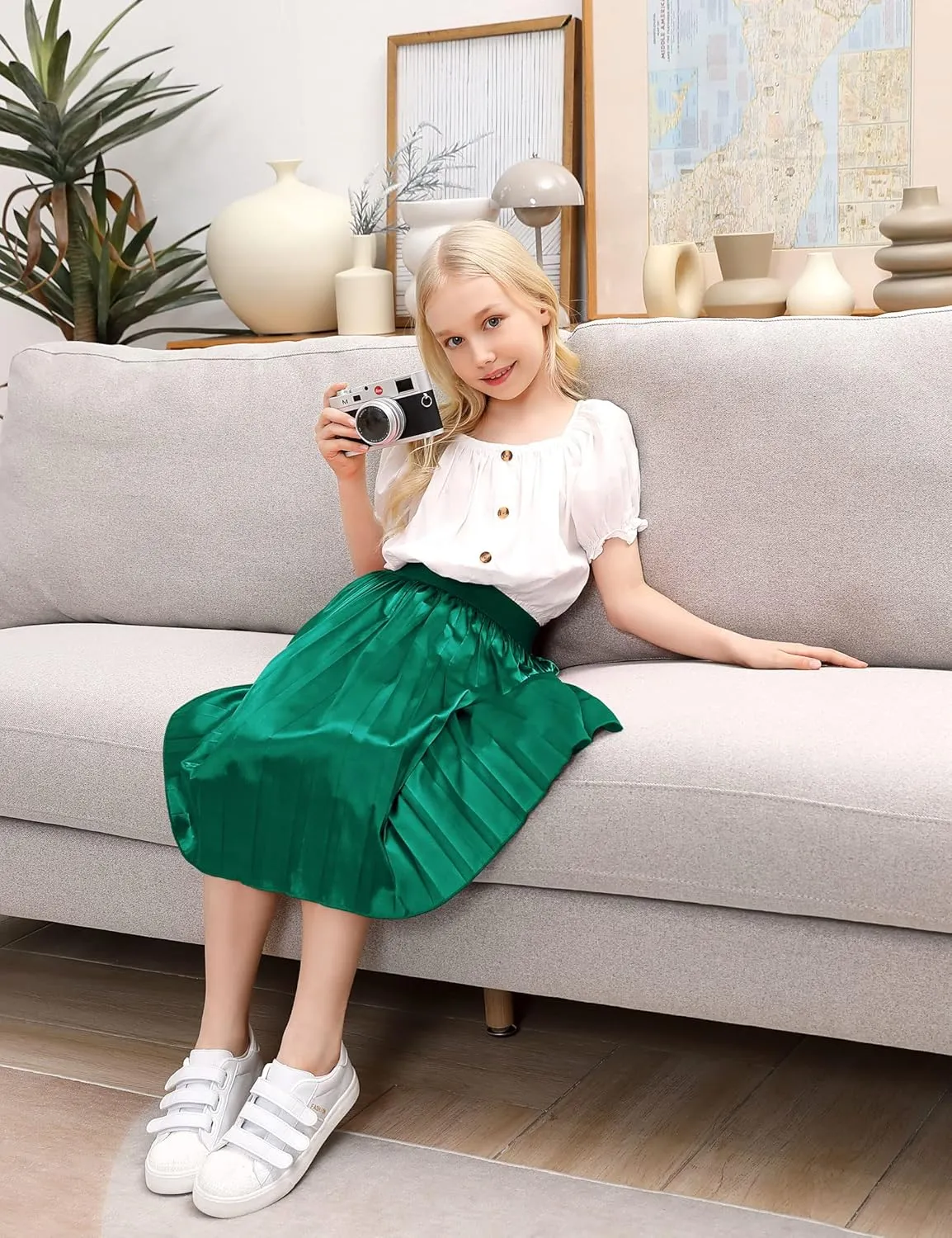 Girls Pleated Midi Skirt Elastic A-line Flared High Waist Swing Metallic Shiny Shimmer 3-12 Years