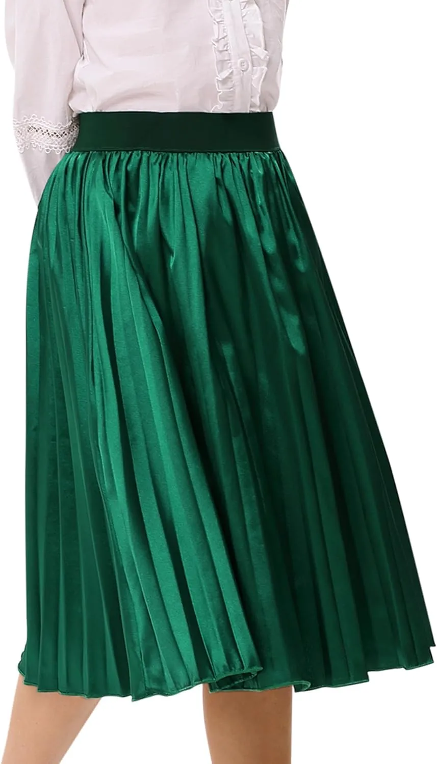 Girls Pleated Midi Skirt Elastic A-line Flared High Waist Swing Metallic Shiny Shimmer 3-12 Years
