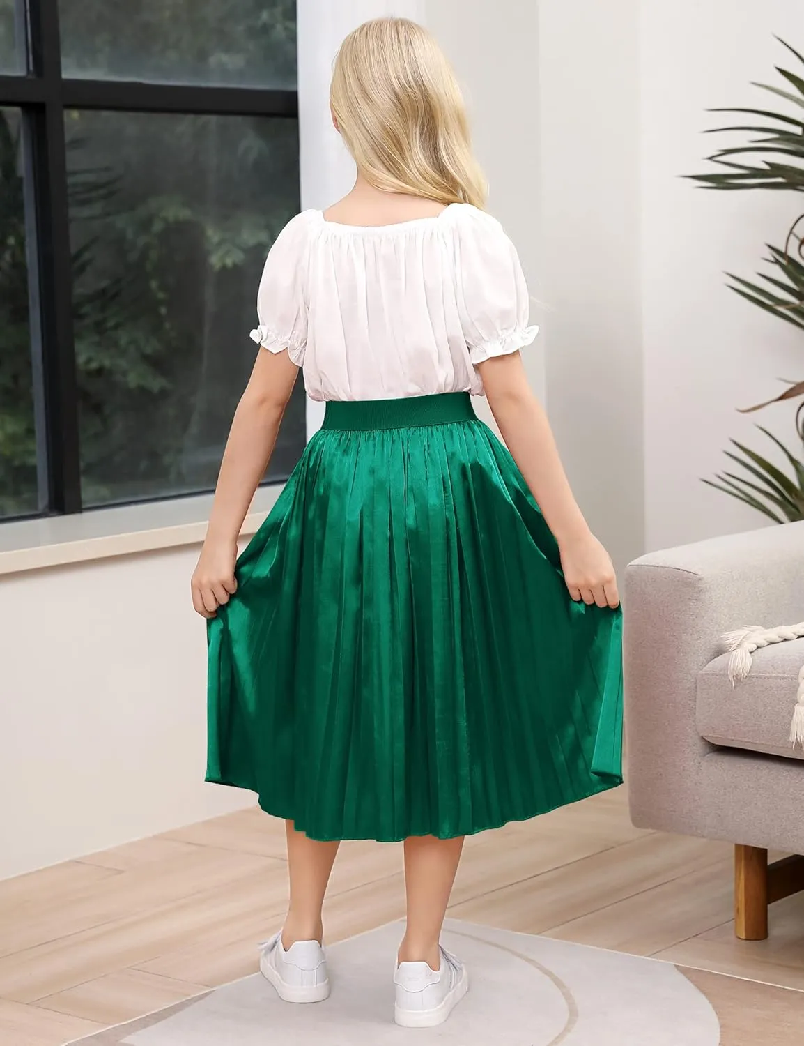 Girls Pleated Midi Skirt Elastic A-line Flared High Waist Swing Metallic Shiny Shimmer 3-12 Years