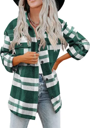 Haellun Womens Wool Blend Plaid Flannel Button Down Shirts Jacket Shacket Coats