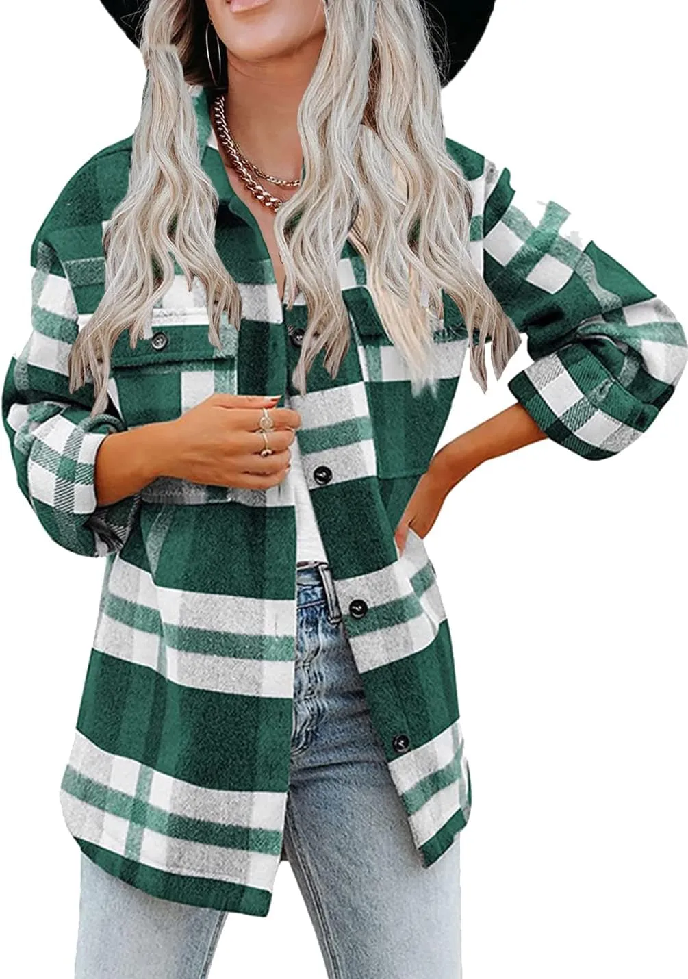 Haellun Womens Wool Blend Plaid Flannel Button Down Shirts Jacket Shacket Coats