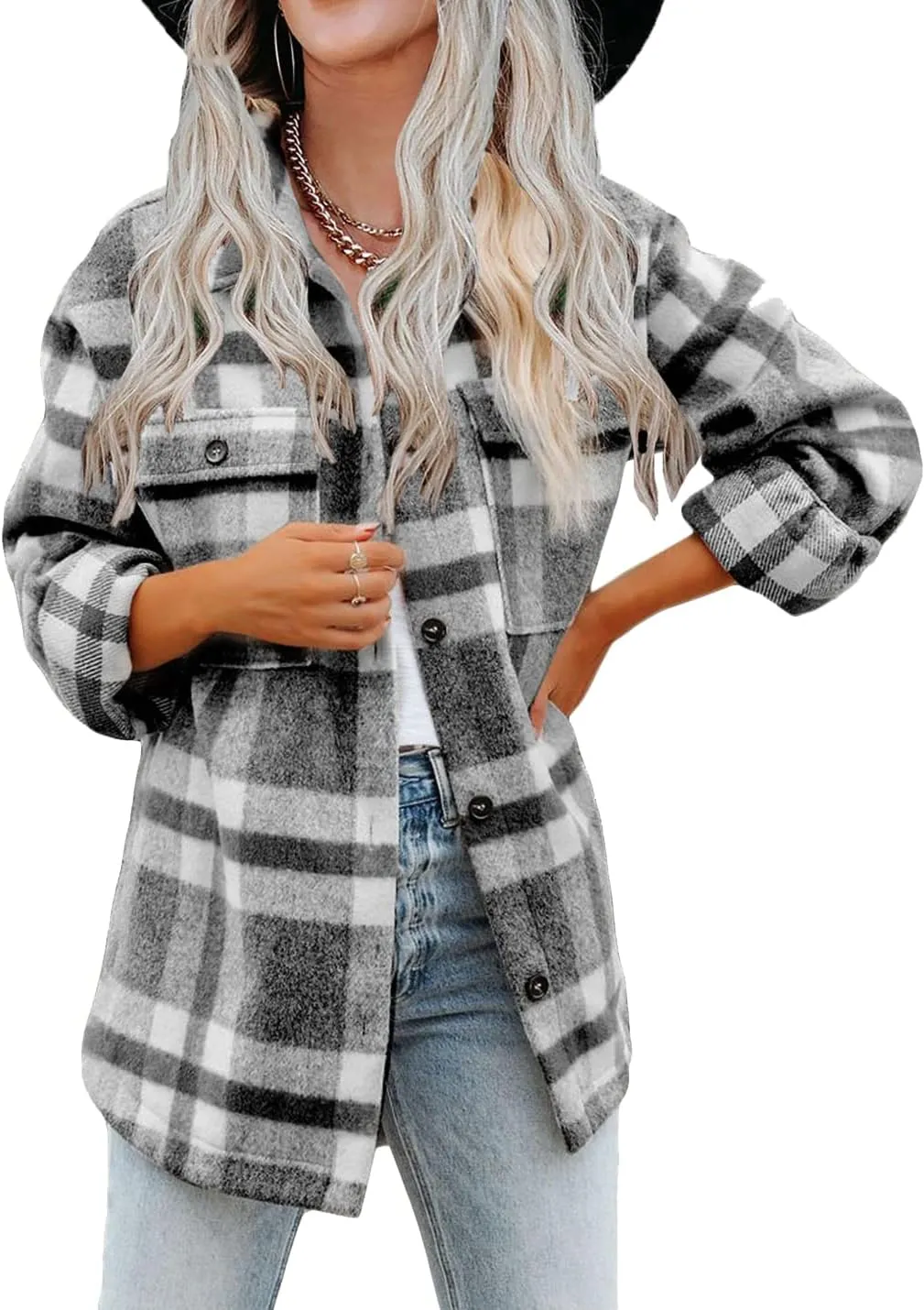 Haellun Womens Wool Blend Plaid Flannel Button Down Shirts Jacket Shacket Coats