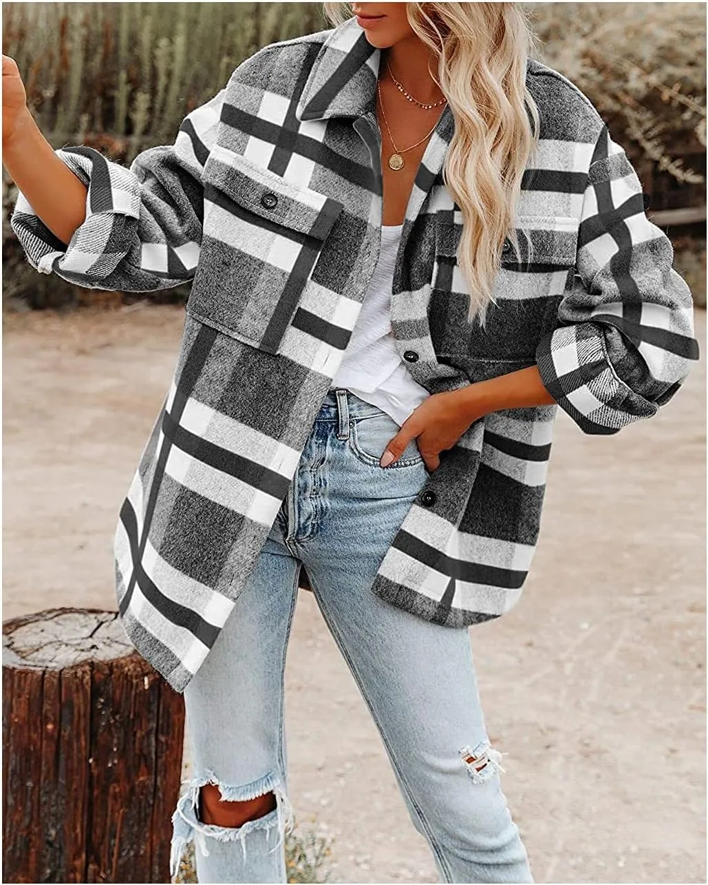 Haellun Womens Wool Blend Plaid Flannel Button Down Shirts Jacket Shacket Coats