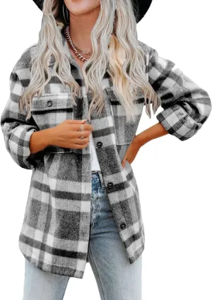 Haellun Womens Wool Blend Plaid Flannel Button Down Shirts Jacket Shacket Coats