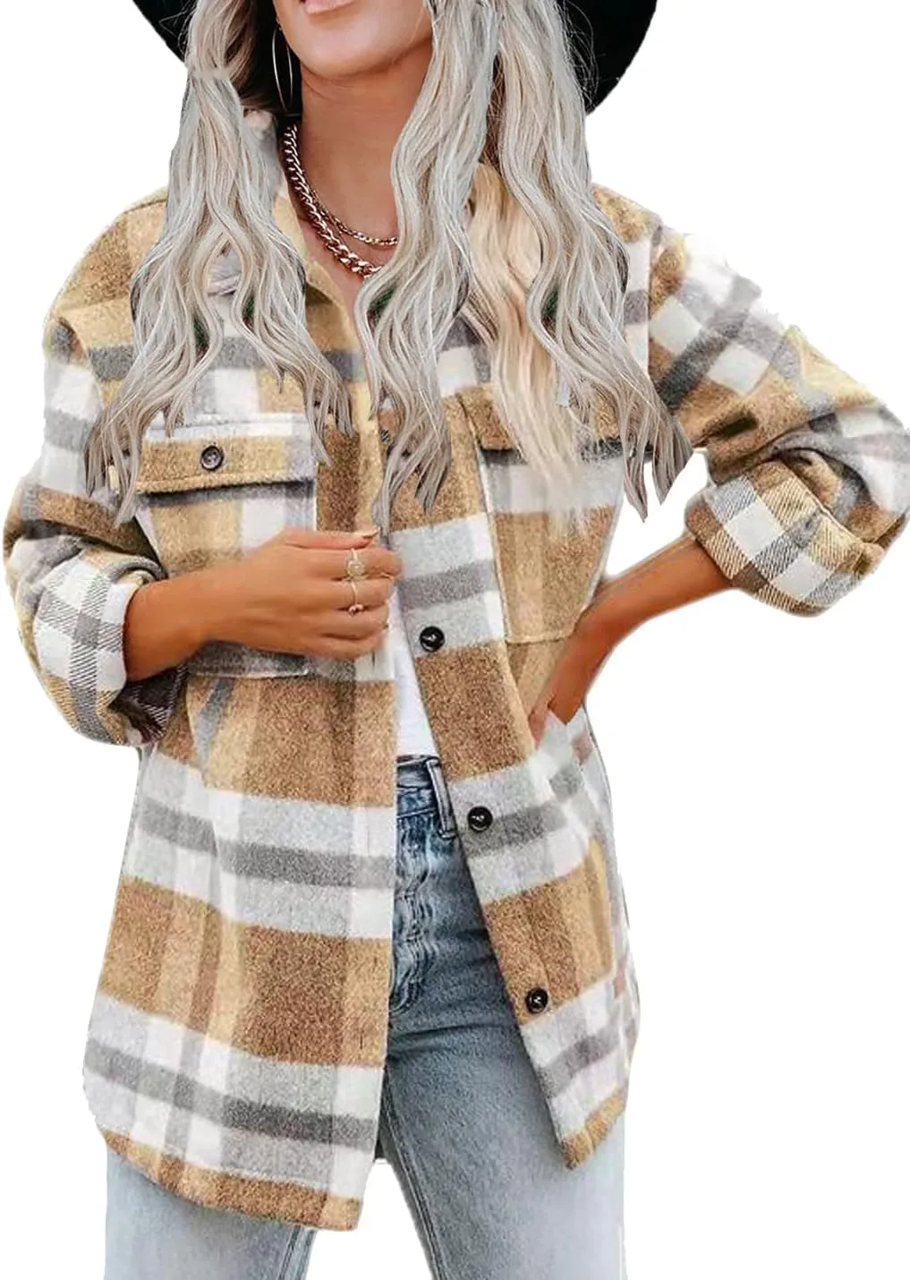 Haellun Womens Wool Blend Plaid Flannel Button Down Shirts Jacket Shacket Coats