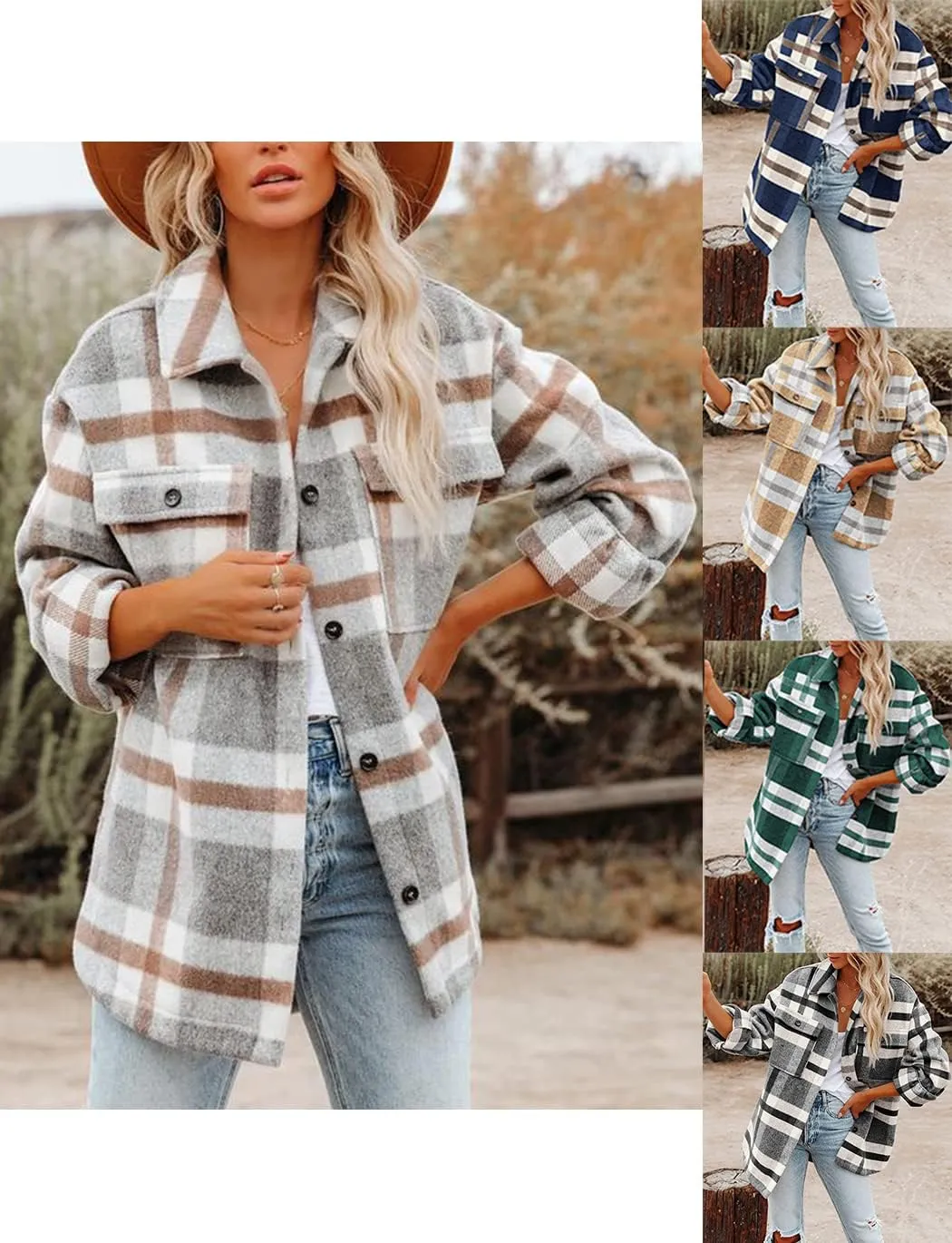 Haellun Womens Wool Blend Plaid Flannel Button Down Shirts Jacket Shacket Coats