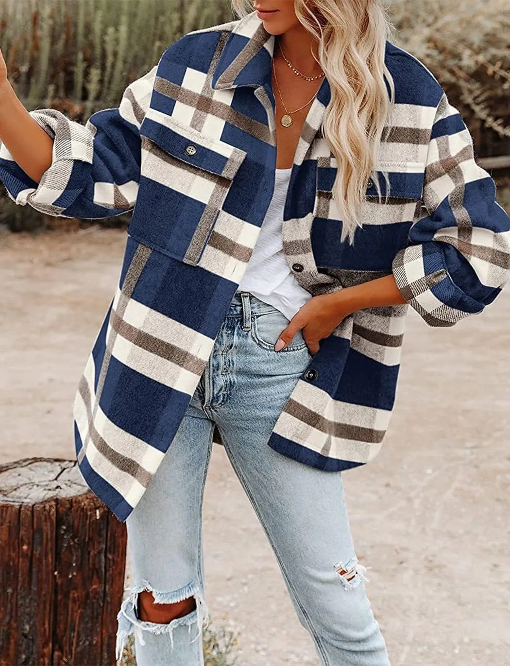 Haellun Womens Wool Blend Plaid Flannel Button Down Shirts Jacket Shacket Coats