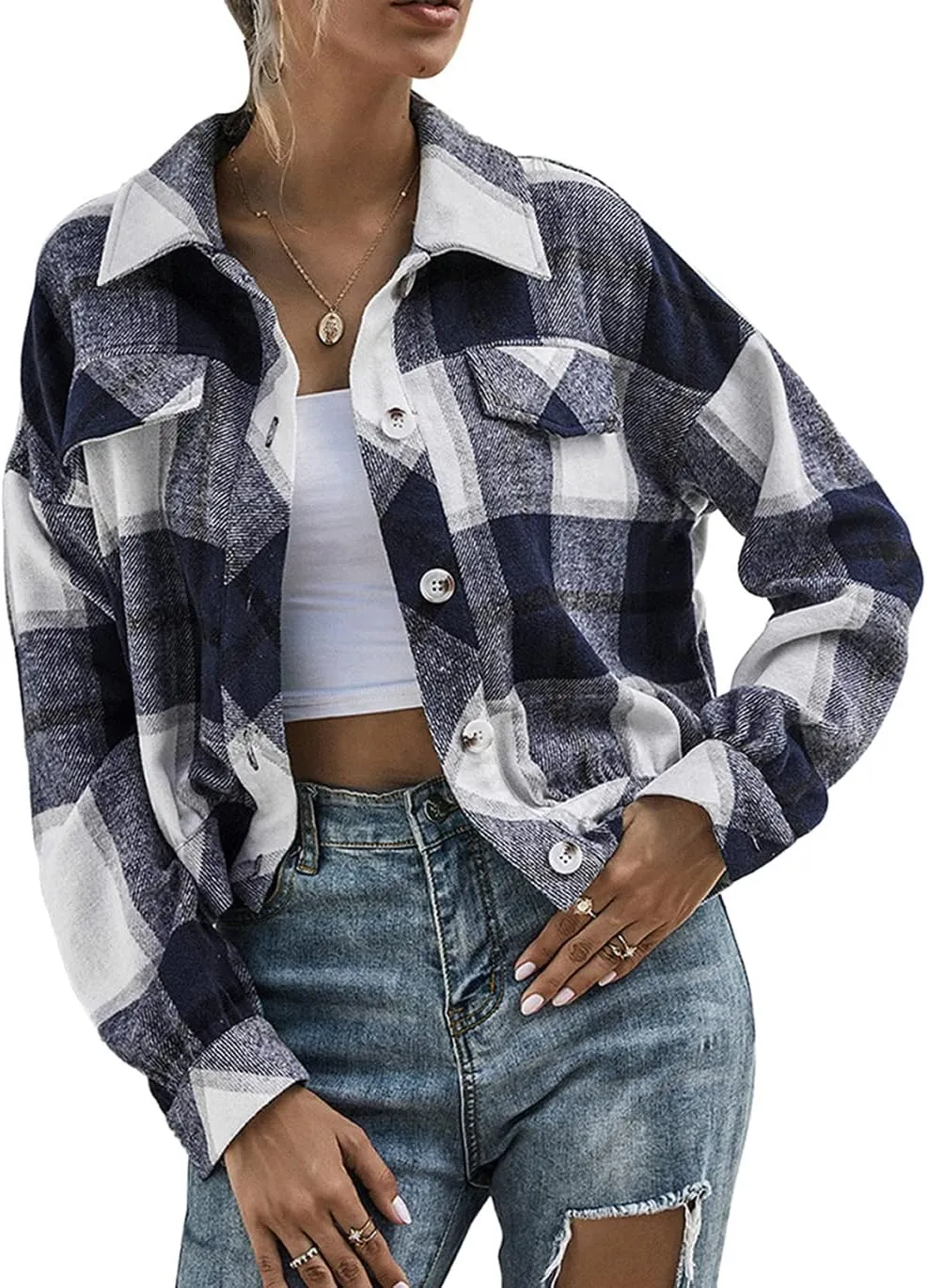 Haellun Womens Wool Blend Plaid Flannel Button Down Shirts Jacket Shacket Coats