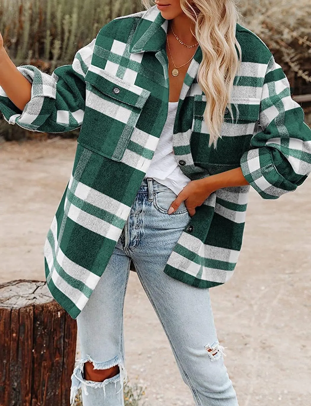 Haellun Womens Wool Blend Plaid Flannel Button Down Shirts Jacket Shacket Coats