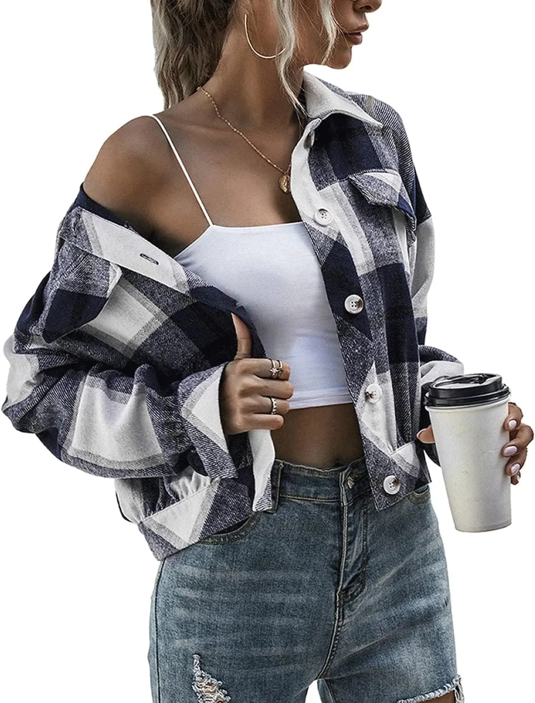 Haellun Womens Wool Blend Plaid Flannel Button Down Shirts Jacket Shacket Coats