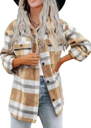 Haellun Womens Wool Blend Plaid Flannel Button Down Shirts Jacket Shacket Coats