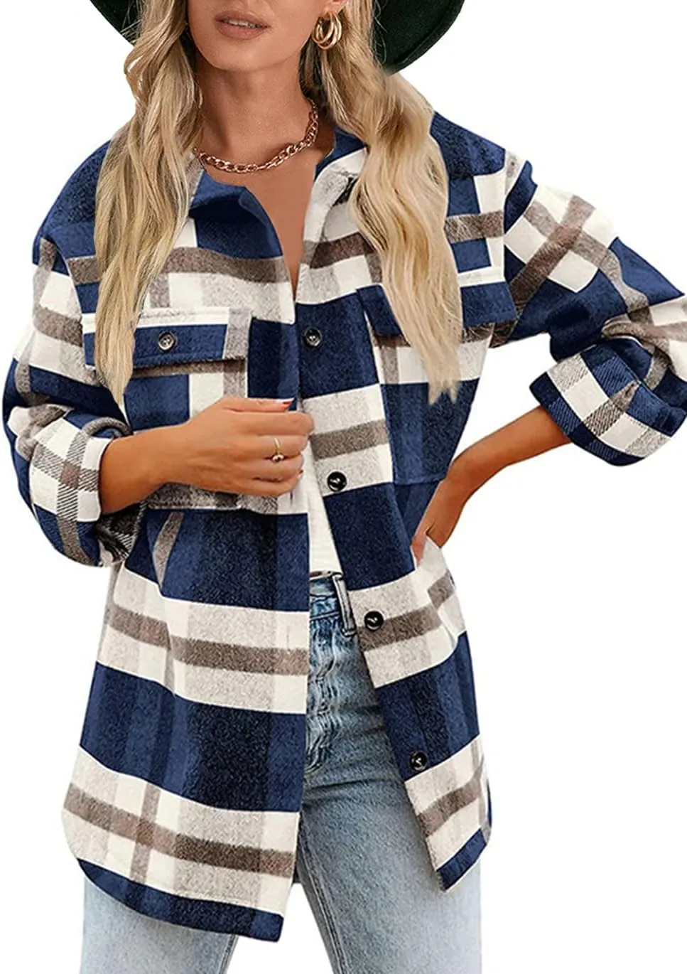 Haellun Womens Wool Blend Plaid Flannel Button Down Shirts Jacket Shacket Coats