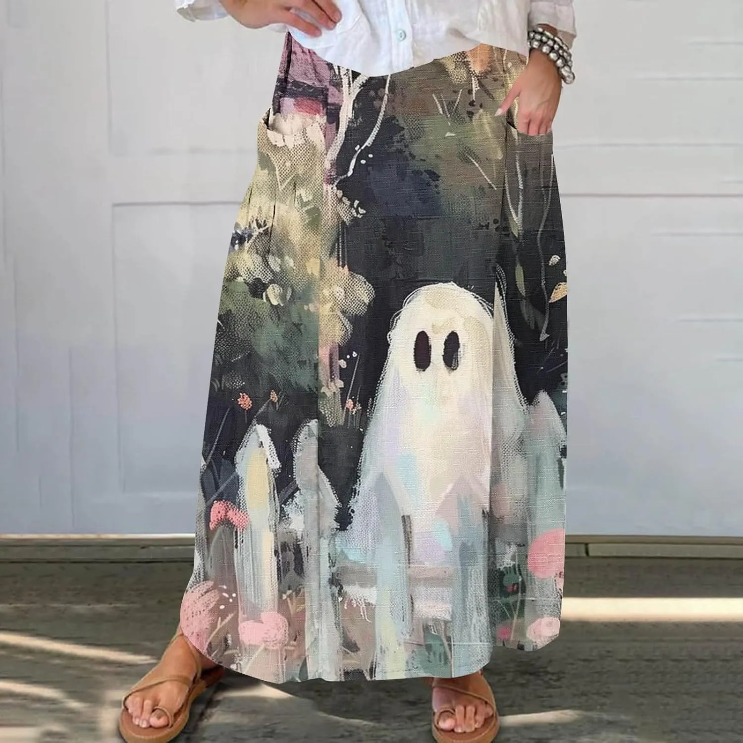 Halloween Skirt for Women Ghost Print Elastic Maxi Skirt Casual Summer Outfits Novelty Fall Night Out All Hallows Eve