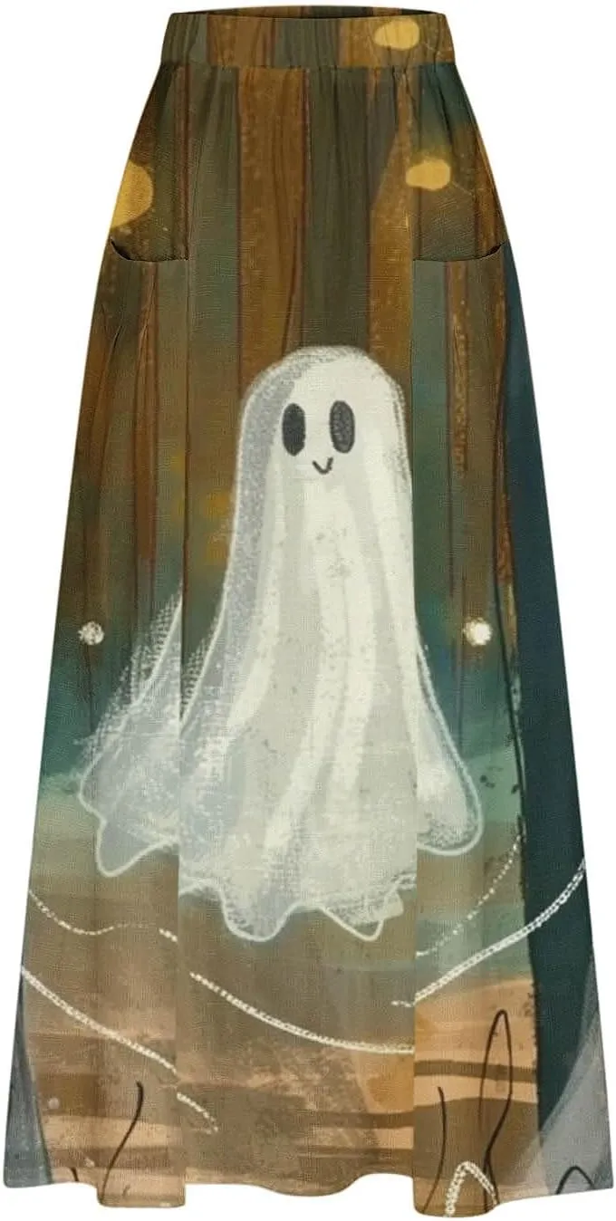Halloween Skirt for Women Ghost Print Elastic Maxi Skirt Casual Summer Outfits Novelty Fall Night Out All Hallows Eve