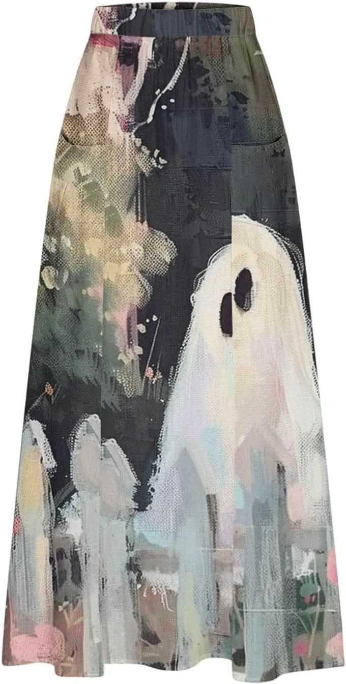 Halloween Skirt for Women Ghost Print Elastic Maxi Skirt Casual Summer Outfits Novelty Fall Night Out All Hallows Eve
