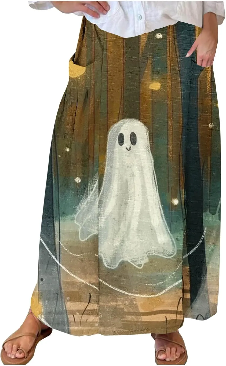 Halloween Skirt for Women Ghost Print Elastic Maxi Skirt Casual Summer Outfits Novelty Fall Night Out All Hallows Eve