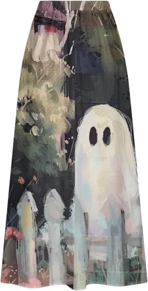 Halloween Skirt for Women Ghost Print Elastic Maxi Skirt Casual Summer Outfits Novelty Fall Night Out All Hallows Eve